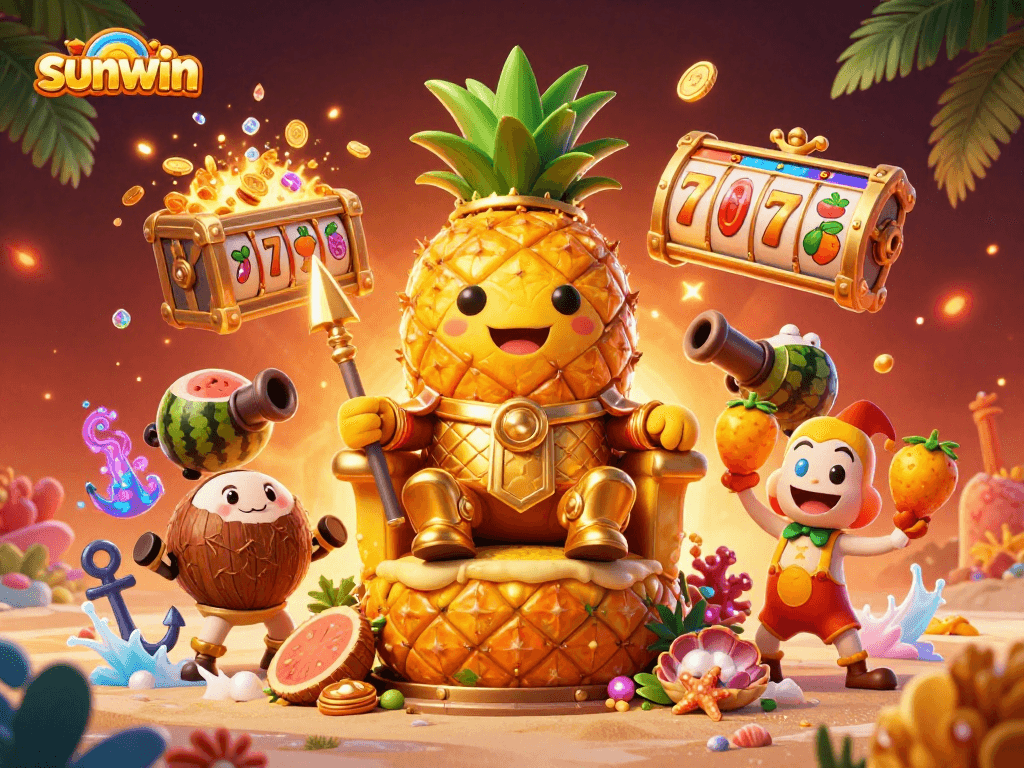 Experience the sunwin slot jackpot with the King of the Pineapples in a vibrant beach casino!