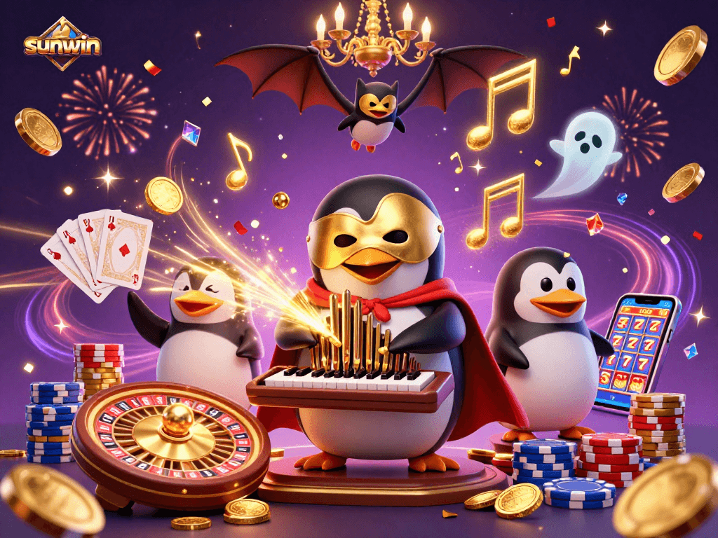 Experience sunwin's thrilling casino action with a captivating 3D illustration of a penguin organist.