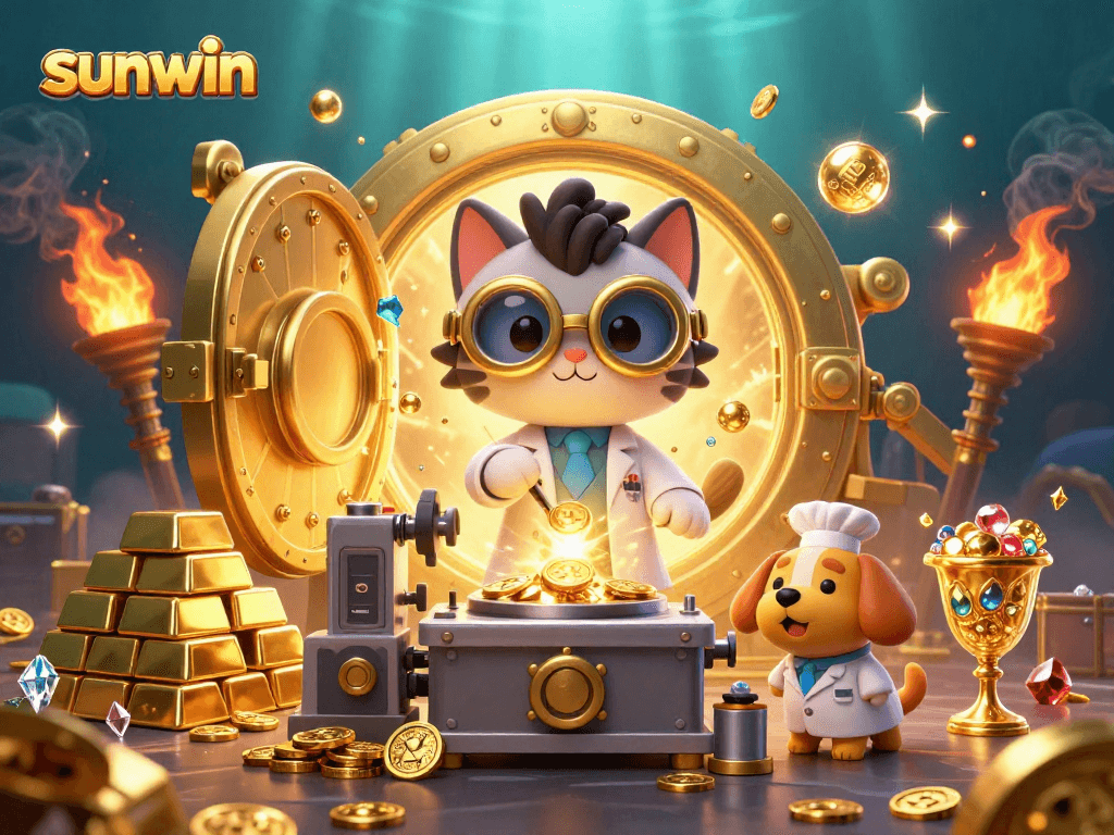 Win big with sunwin's captivating 3D gaming illustration showcasing a gold-replicating lab.