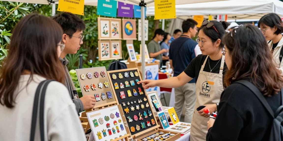 Engaging vendor displaying custom enamel pins at an artisan market, showcasing vibrant designs and community interaction.