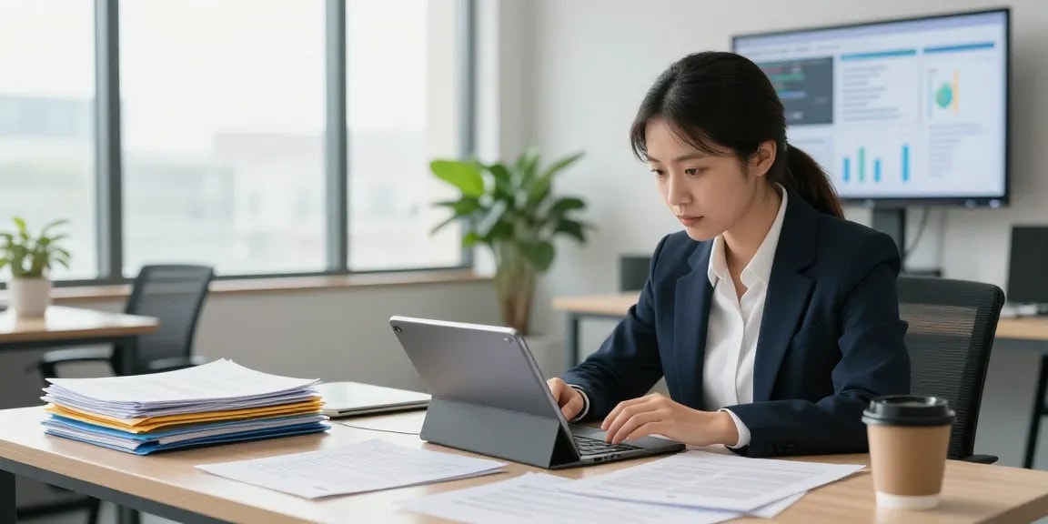 Document fraud detection analysis in a modern office setup with digital tools and documents.