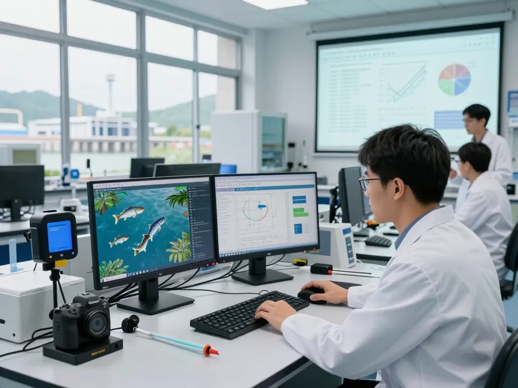 HBET researcher analyzing fish passage data in a bright lab with advanced technologies.