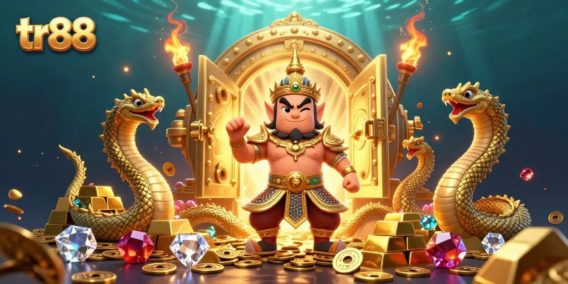 Experience the thrill of winning at tr88 with stunning treasure and joyous characters in this vibrant illustration.