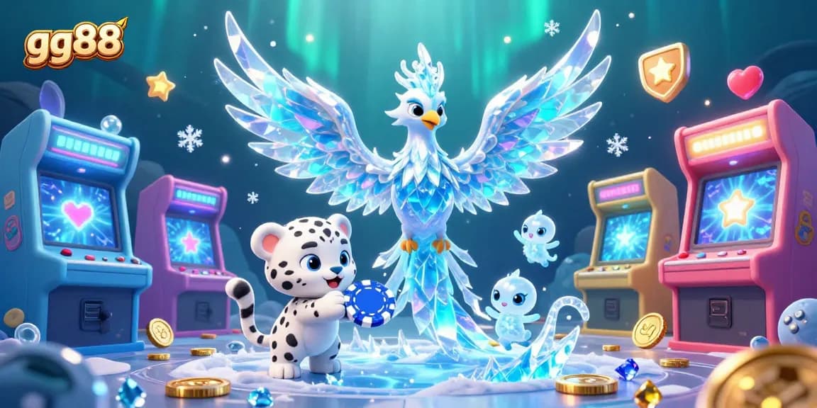 Experience the diverse gaming world of gg88 with colorful 3D visuals, featuring an enchanting ice phoenix and playful cub.