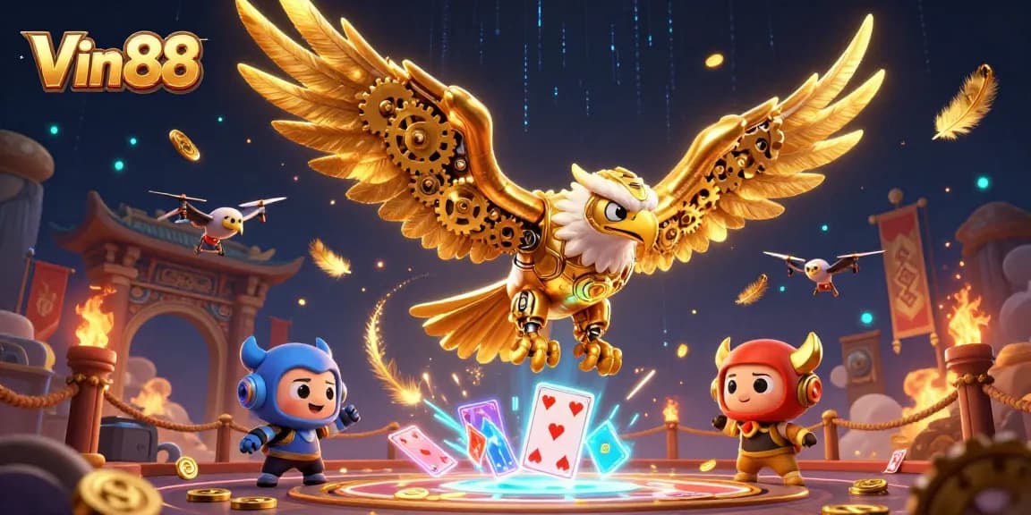 Experience thrilling gameplay at Vin 88 with a vibrant 3D scene featuring a golden eagle and holographic playing cards.
