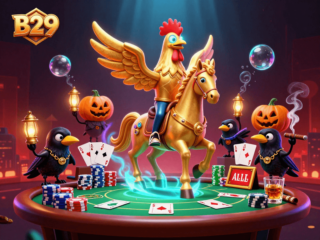 B29 gamers immerse in vibrant casino action with golden rooster and crow companions.