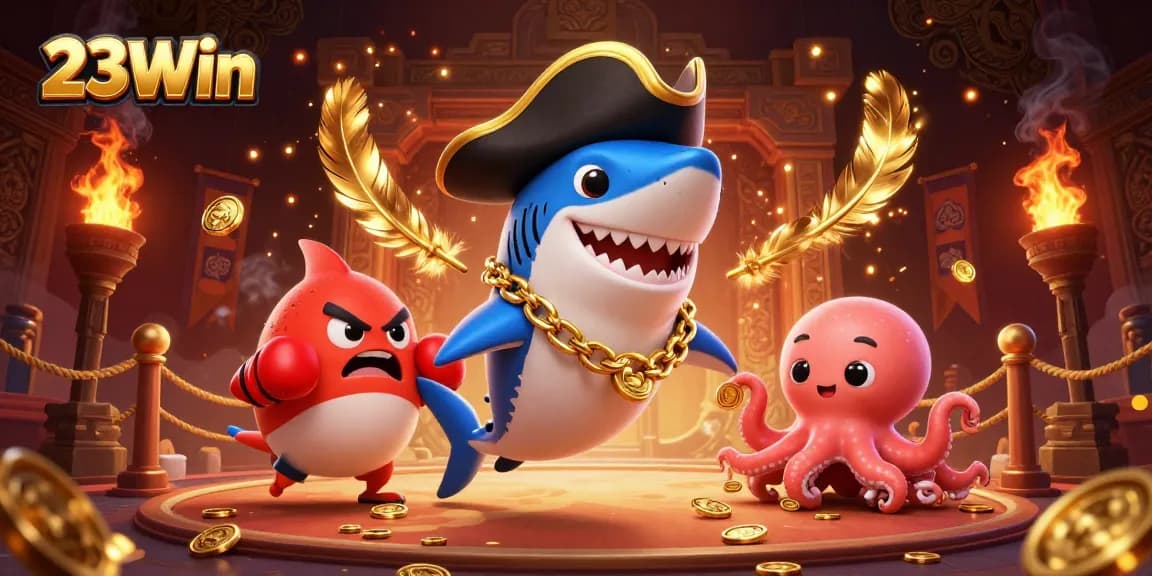 Experience thrilling gaming at 23Win with pirate shark, pufferfish, and octopus bonding over gold!