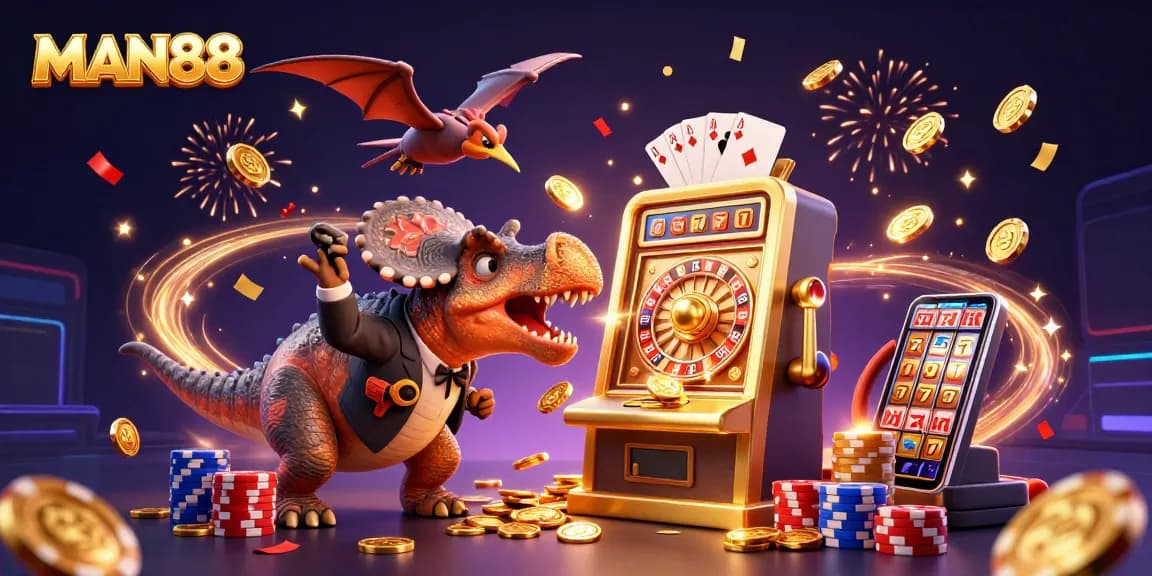 MAN88 slot machine pays out as dinosaurs celebrate amidst falling coins in a vibrant casino