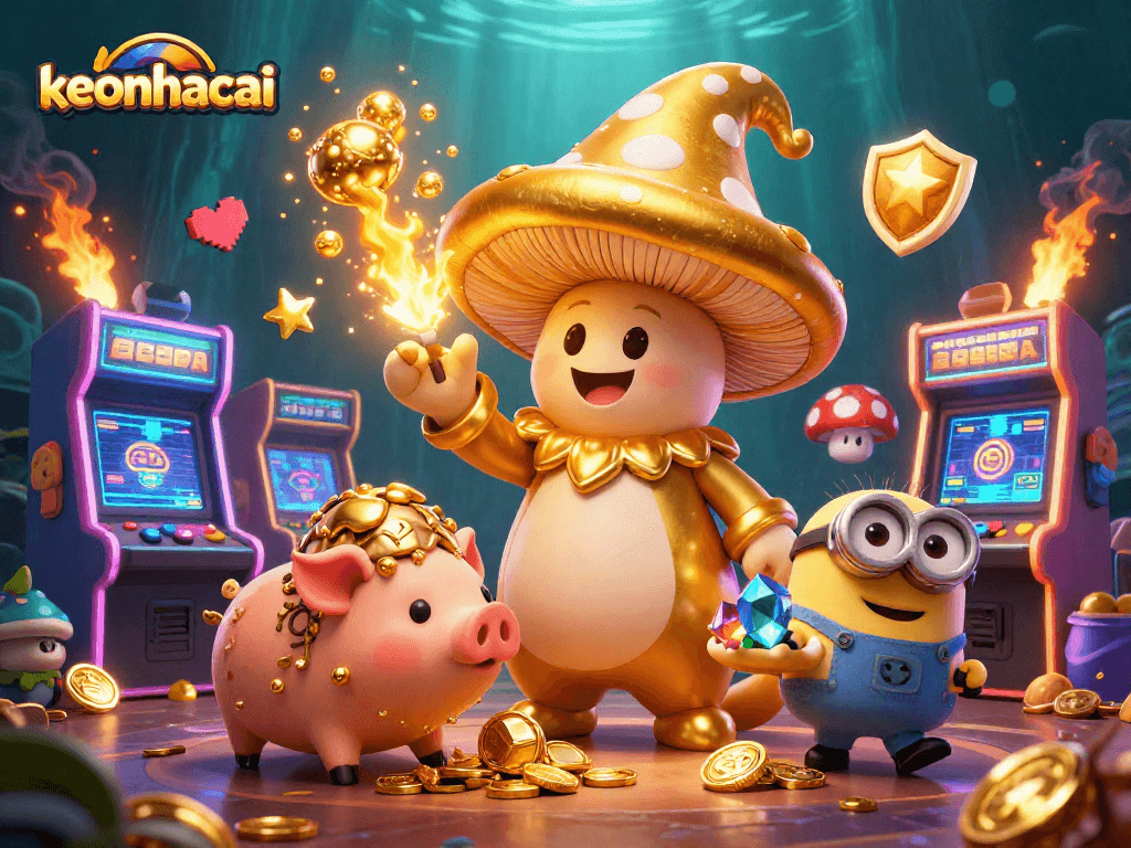 Engaging illustration of keonhacai showcasing a wizard and treasures in a vibrant casino-themed scene.