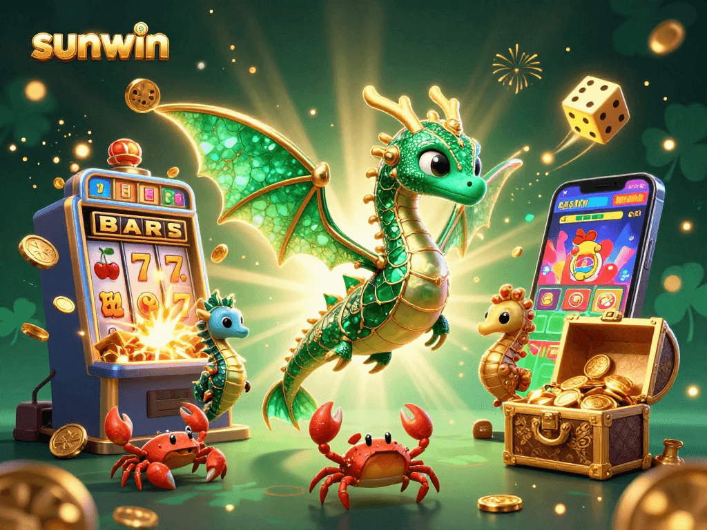Experience the thrill of sunwin with a vibrant 3D casino illustration featuring a dragon and treasures.