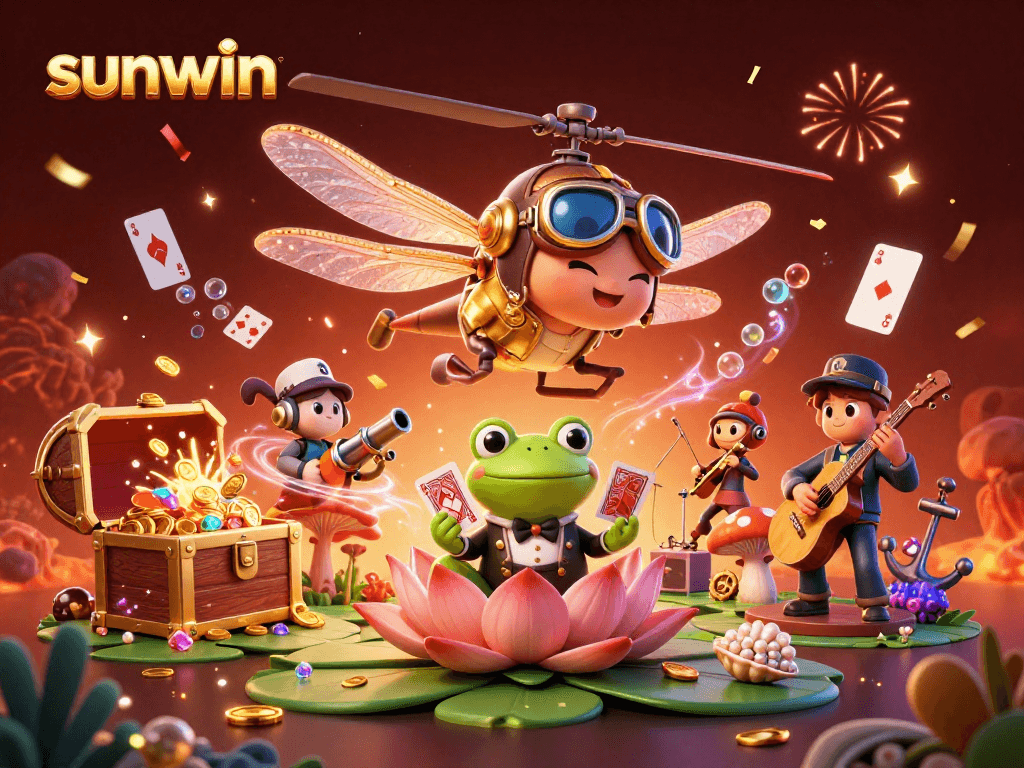 Experience the thrilling game at sunwin with a vibrant casino scene featuring dragonfly pilots and colorful celebrations.