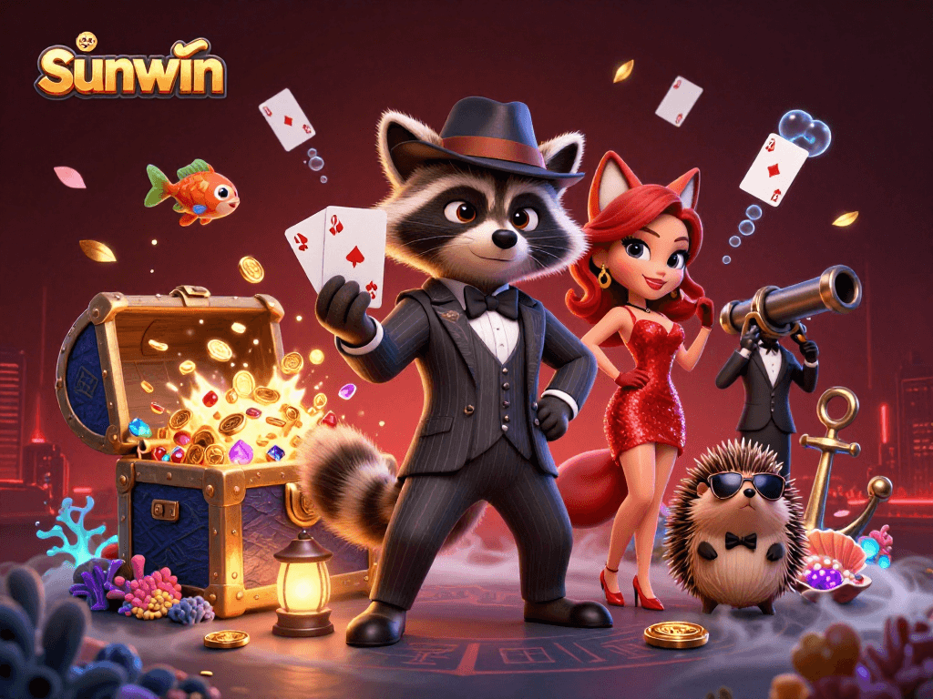 Experience the excitement at sunwin with animated characters and vibrant casino elements in a thrilling scene.