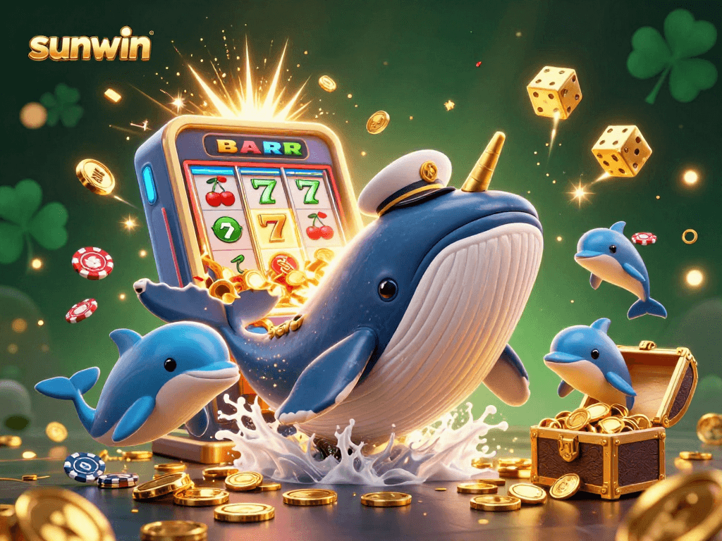 Experience thrilling wins with sunwin’s animated casino adventure featuring a whale and vibrant slot machine.