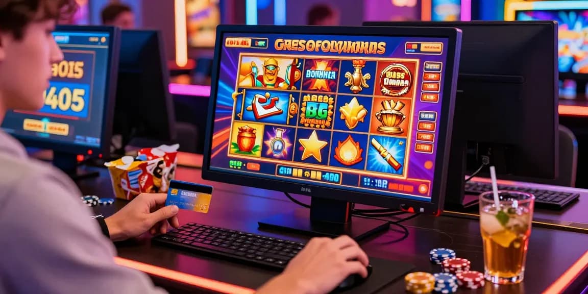 Engaging scene of a player at a credit card casino gaming on a vibrant platform with colorful slot titles.