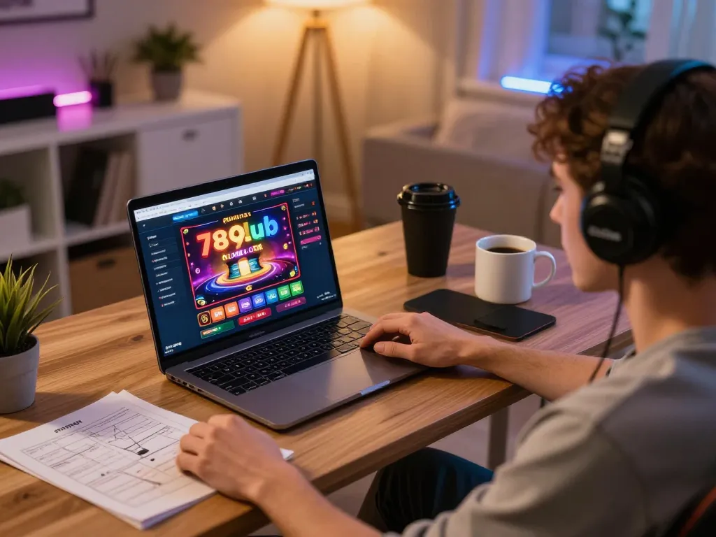 Player engaging with the 789Club online casino on a laptop, showcasing a dynamic home gaming atmosphere.