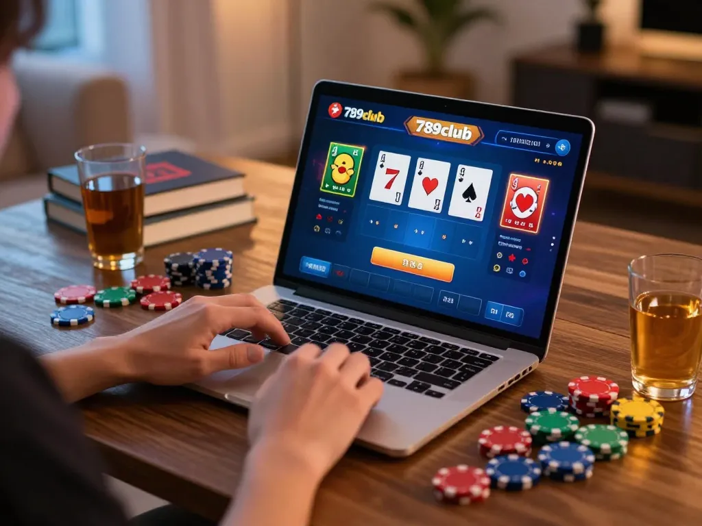 Playing blackjack on 789club from home, showcasing vibrant gaming setup, chips scattered on the desk, engaging experience.