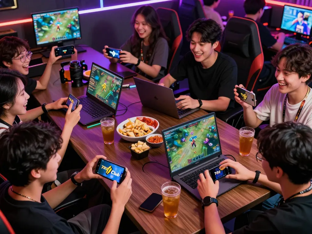 Engaging group playing online games at 789 Club, showcasing laptops and smartphones in a vibrant gaming atmosphere.