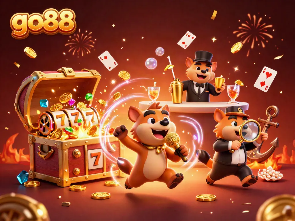 Experience go88 with hyenas entertaining in a vibrant casino scene filled with gold and games.