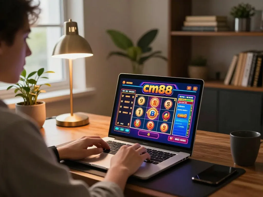 Engaging in cm88 online casino gaming from home with laptop and vibrant slot graphics on screen.