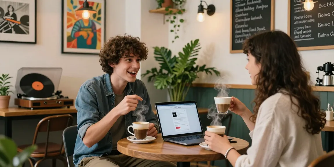 Café scene depicting friends discussing a crush on someone over coffee, lively urban ambiance, cozy atmosphere, youthful engagement.