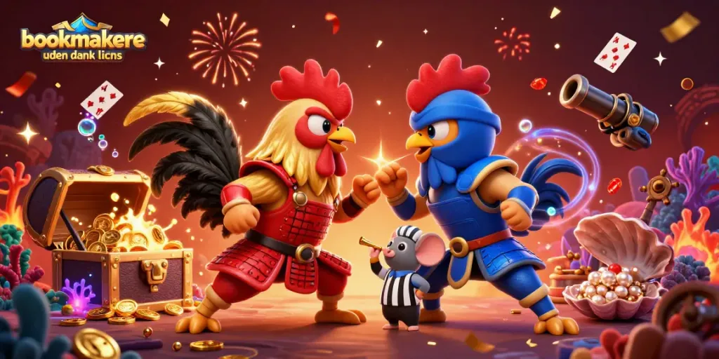 Engage with bookmakere uden dansk licens in a vibrant standoff of cartoon roosters and gaming elements.