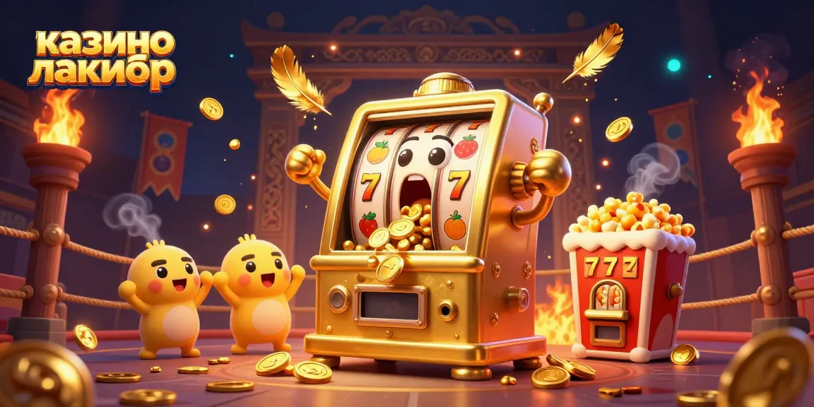 Engaging scene of казино лакибир with a golden slot machine celebrating a jackpot surrounded by cheering smaller machines.