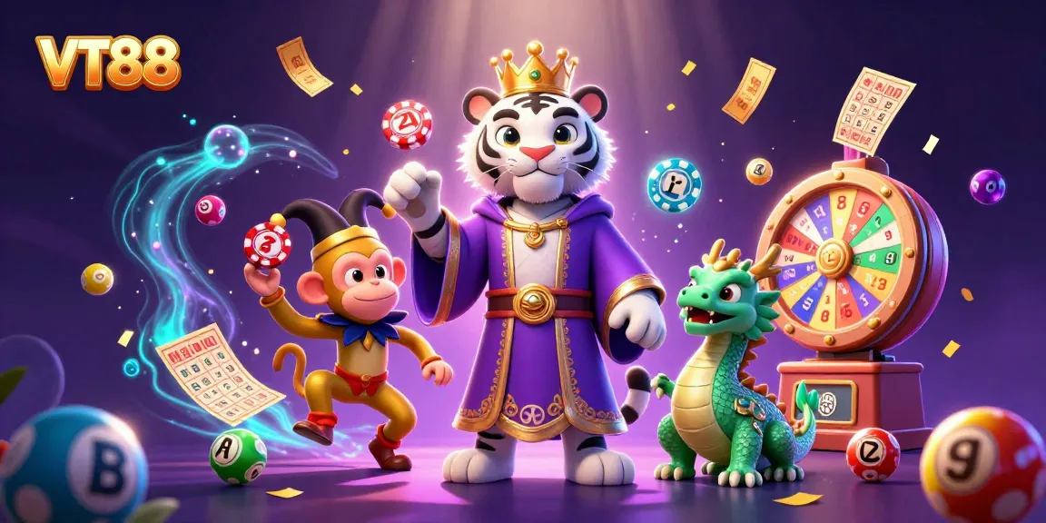 VT88 showcases a vibrant casino scene with animated characters among rich gaming elements.
