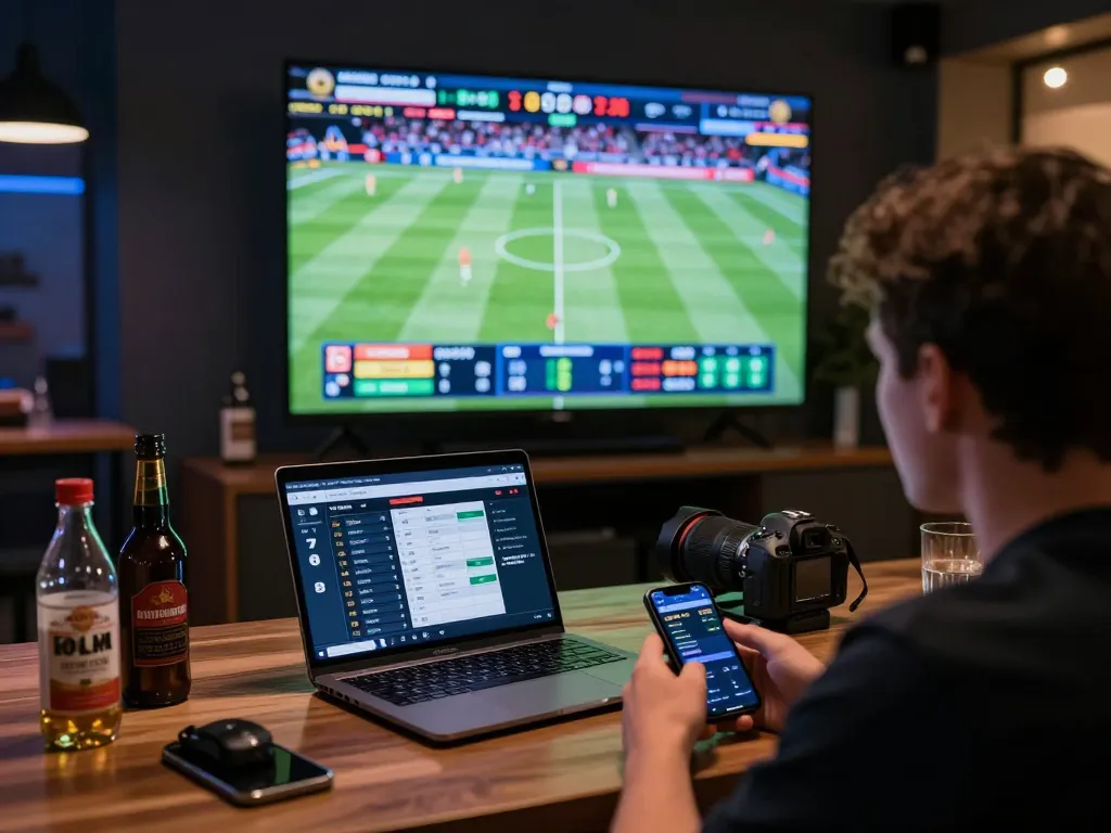 Engaging 8 live sports betting scene with a person actively monitoring odds and gameplay.