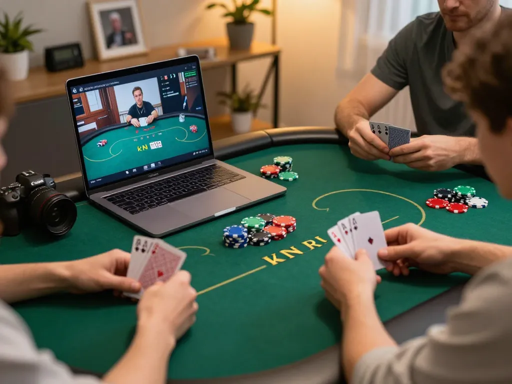 qq88ae players engaging in online poker strategy at home, showcasing a lively game scene