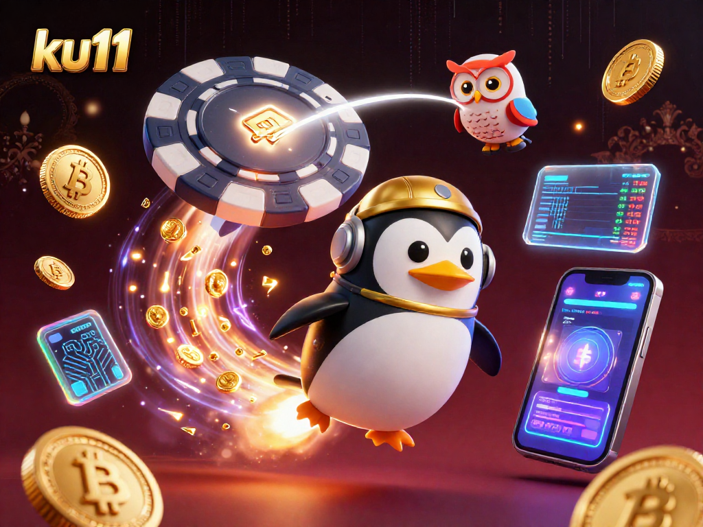 Experience excitement with ku11's golden penguin heading to a casino chip, surrounded by crypto coins.