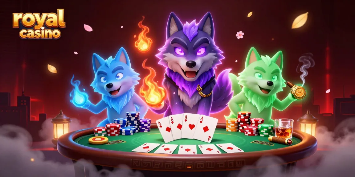 Engage in real money gameplay at royal x casino with a vibrant 3D illustration of poker elements and mystical wolves.