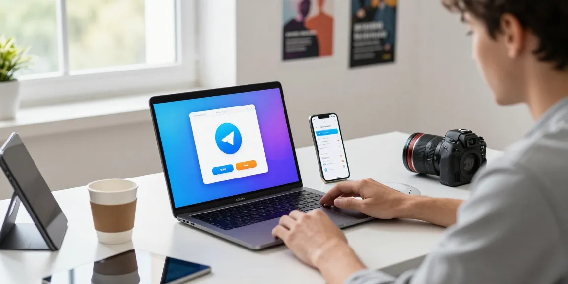 Discover Telegram Download on a sleek desktop setup with a user engaging with tech gadgets and modern workspace elements.