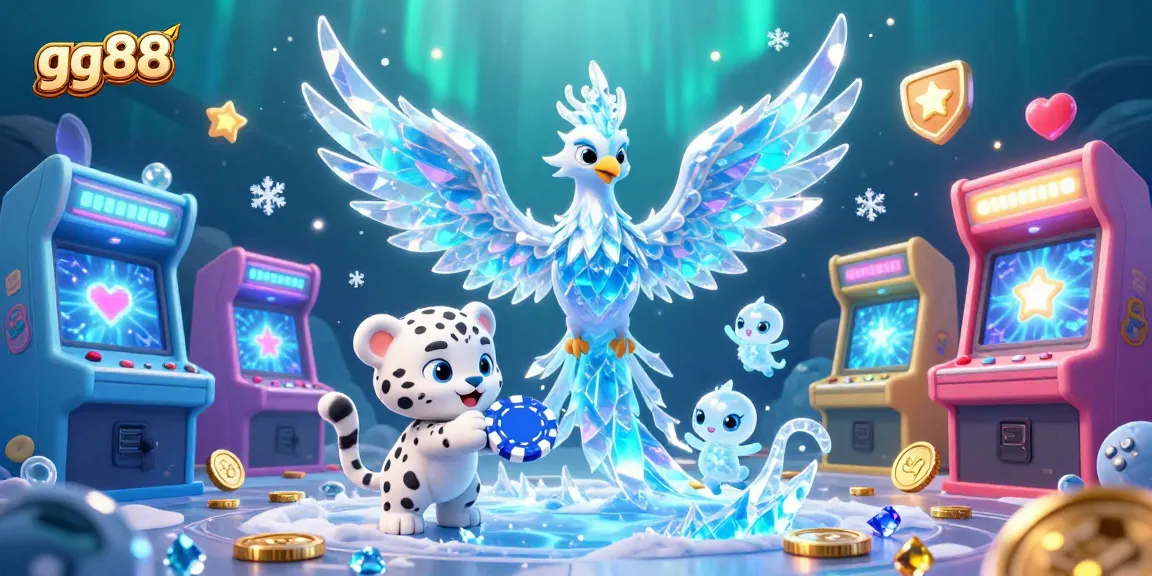 Experience the diverse gaming world of gg88 with colorful 3D visuals, featuring an enchanting ice phoenix and playful cub.