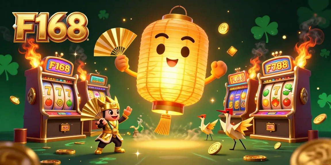 Experience F168 with a vibrant 3D illustration featuring golden spirits and exciting slot machines.