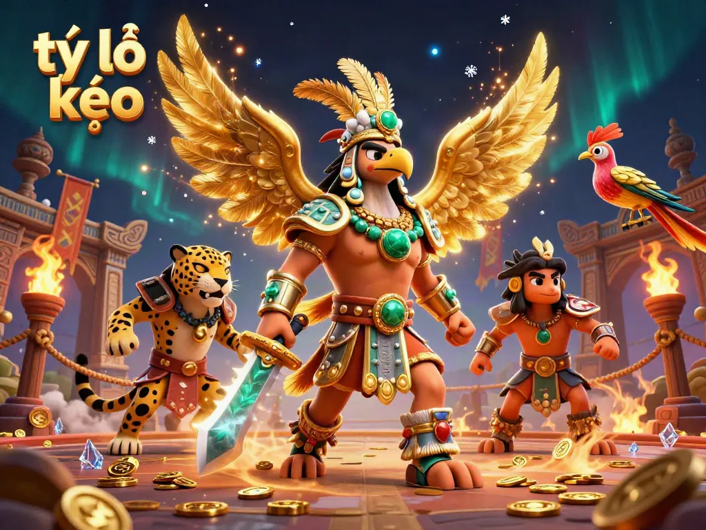 Experience dynamic sports betting action with tỷ lệ kèo illustrated by aztec warriors and vibrant elements.