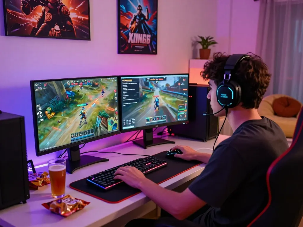 Engaged gamer focused on gameplay at https://bomwin.jp.net/ with dual monitors, RGB lighting, and gaming setup.
