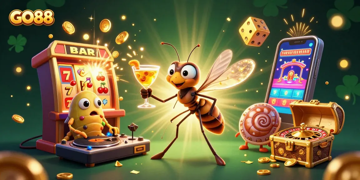 Engage with GO88's vibrant casino universe featuring a colorful slot machine and unique characters.