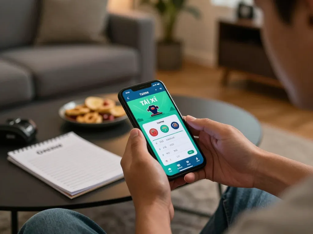Tài Xỉu Online uy tín experience on a smartphone in a cozy living room setting