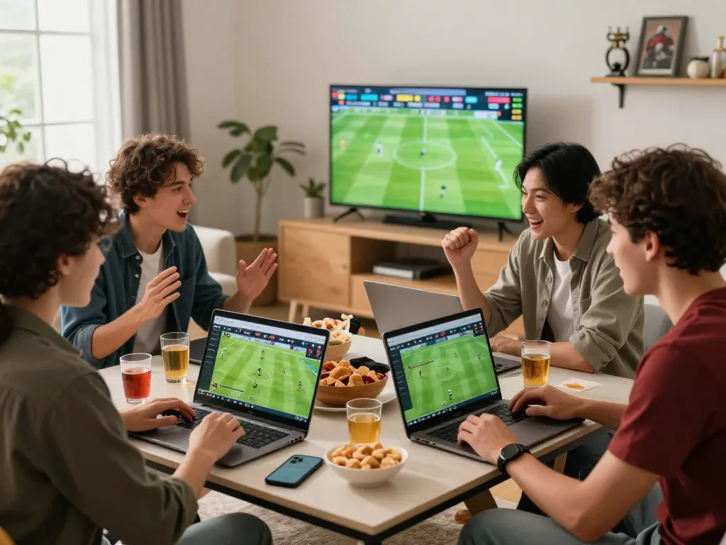 Friends engaging with the 1gom website, enjoying online sports betting in a lively living room.