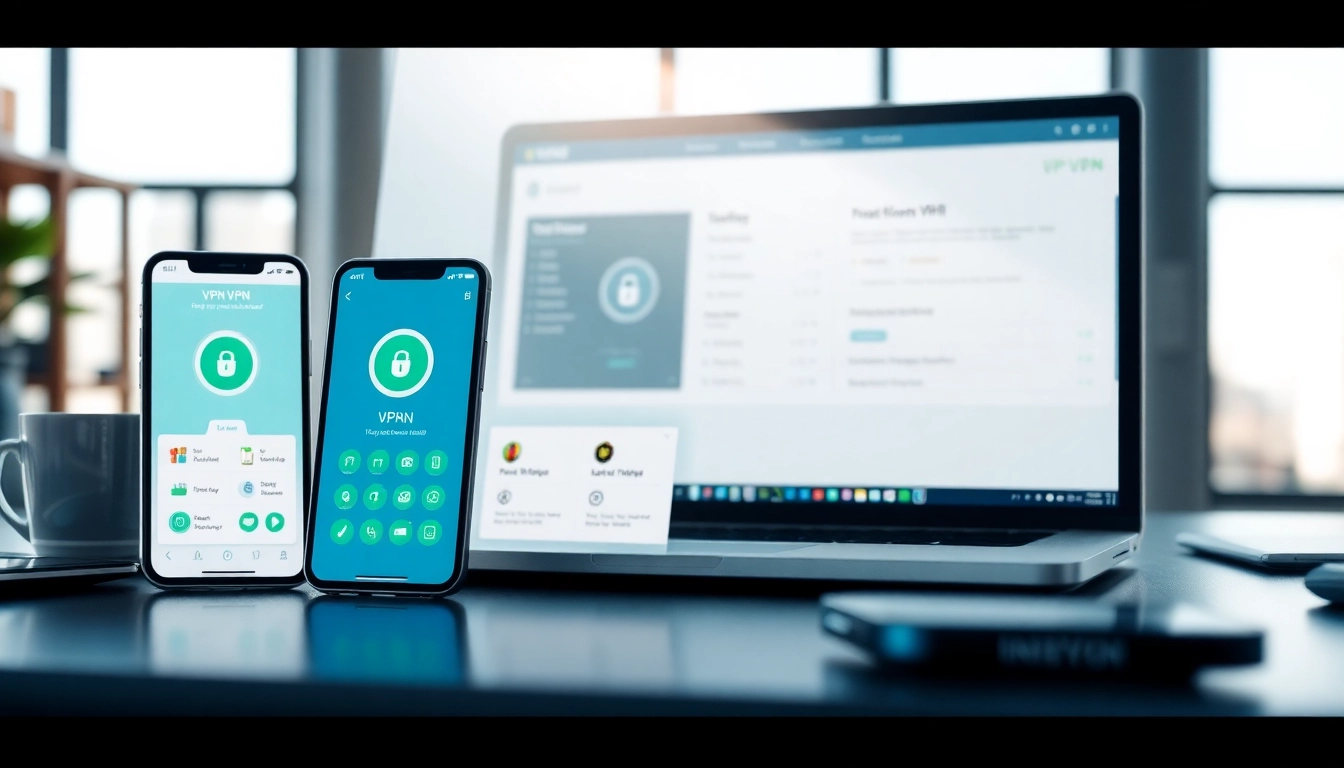 快连官网 interface on smartphone, tablet, and laptop in a modern workspace, showcasing VPN features.