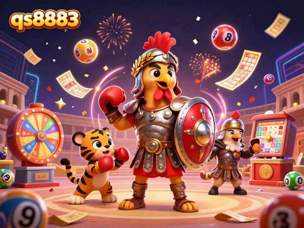 Engage in exciting chances to win with qs8883, featuring a gladiator rooster amidst dynamic casino elements.