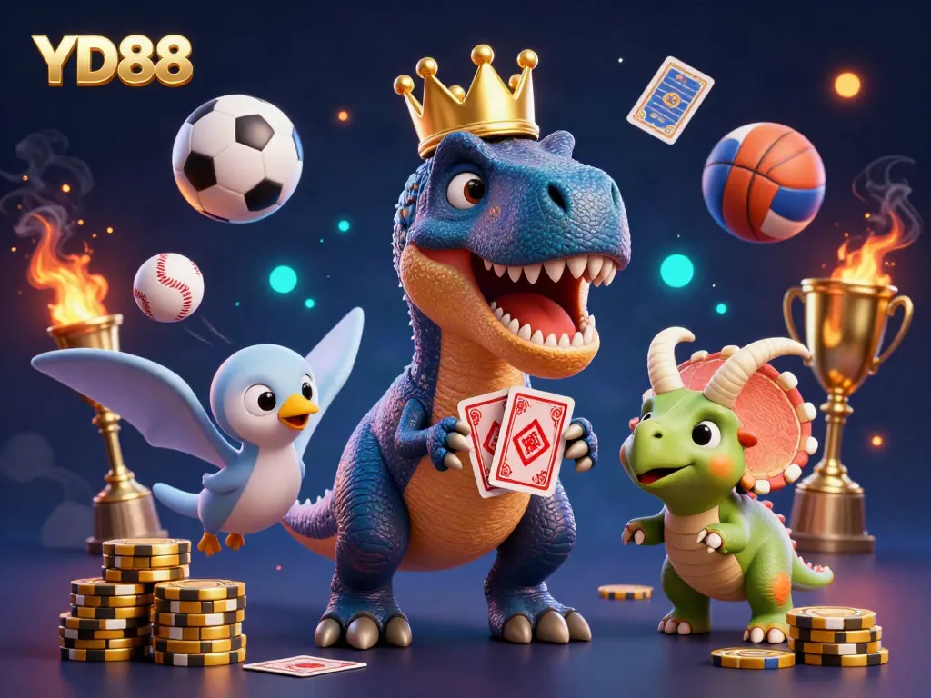 Experience the thrilling action at YD88 with a T-Rex card dealer and golden chips in a vibrant casino scene.