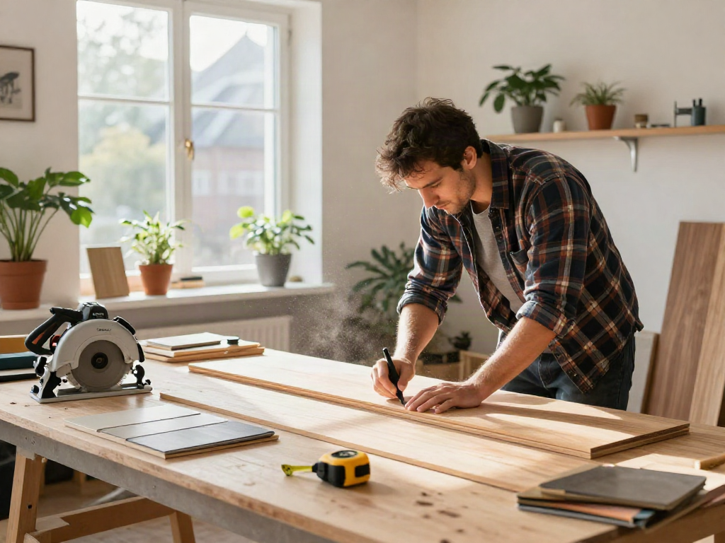 Bygg expert laying wooden flooring in a bright Scandinavian home interior.