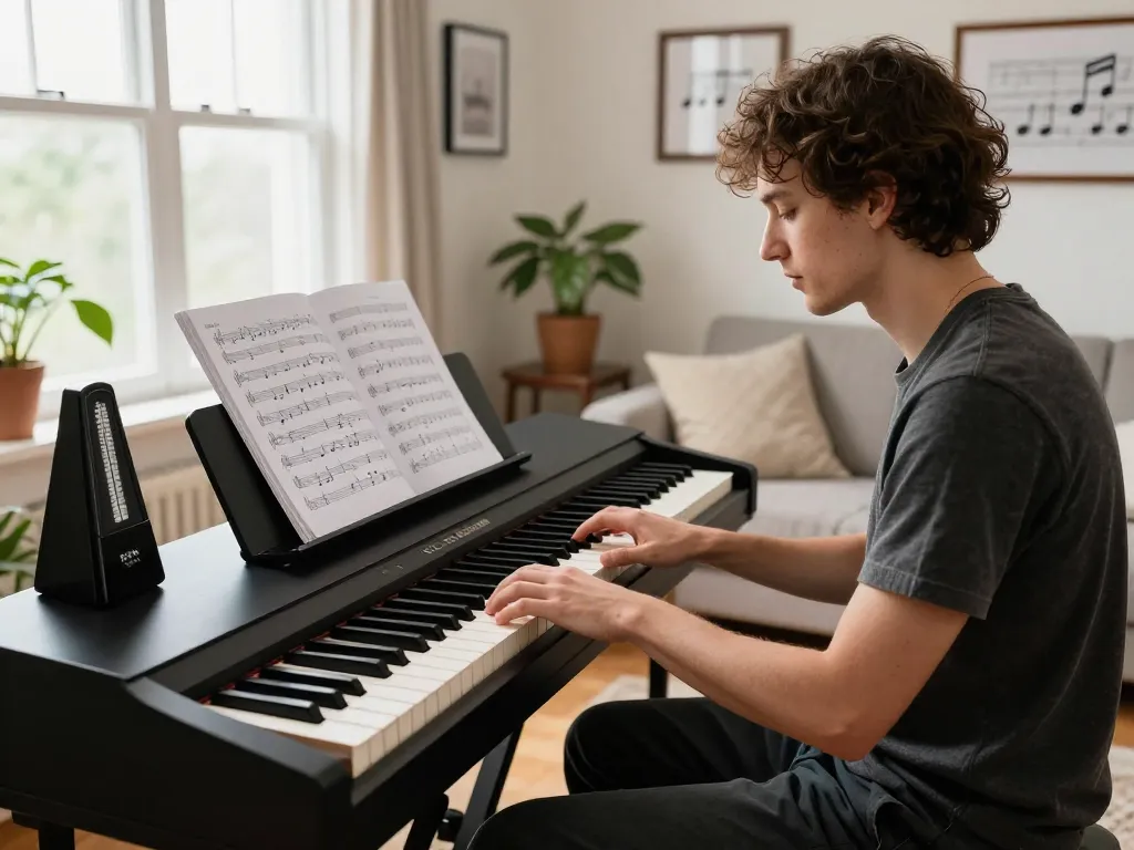 Engaging musician exploring the GO 88 piano in a cozy, sunlit room.