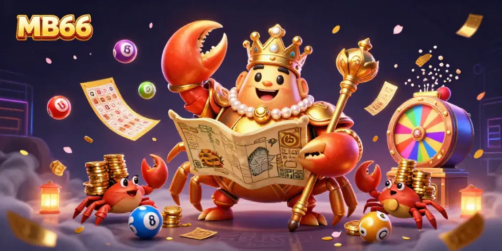 Engage with MB66's vibrant casino scene filled with a golden crab emperor, lottery elements, and treasure.