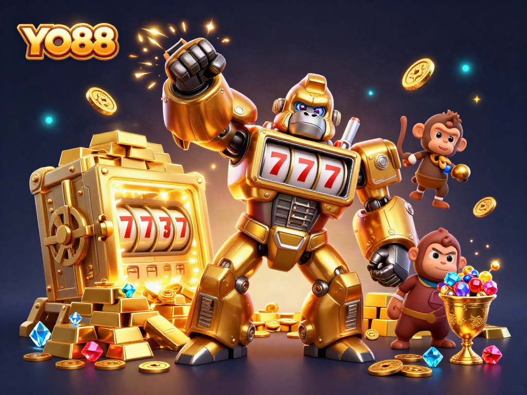 Experience excitement with YO88's thrilling gameplay illustrated by a golden gorilla mech and treasures.