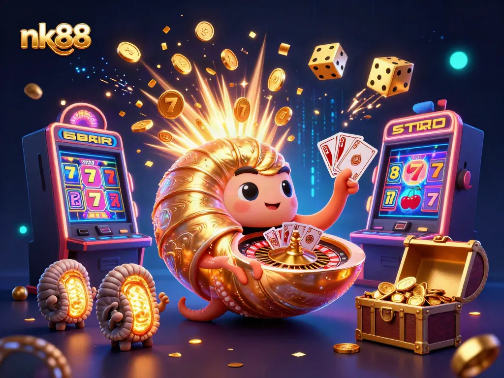 Engage with exciting nk88 casino games featuring a vibrant ancient nautilus and glowing ammonite companions.