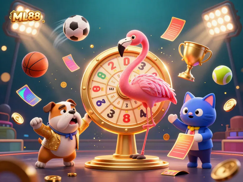 Experience thrilling gaming excitement at ML88 with vibrant cartoon characters spinning a golden prize wheel.