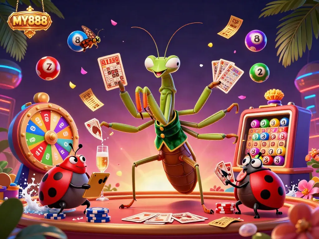 Experience thrilling gaming at MY888 with vibrant characters and dynamic casino elements in a fun 3D scene.