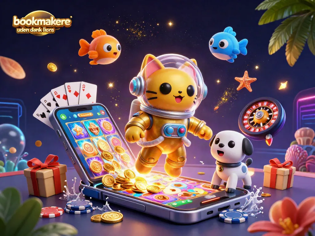 Engage with bookmakere uden dansk licens through thrilling games while a cat astronaut floats amidst casino elements.
